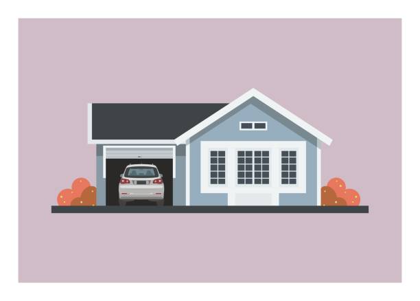 ilustraciones, imágenes clip art, dibujos animados e iconos de stock de pequeña casa con un coche en su garaje abierto. - front or back yard illustrations