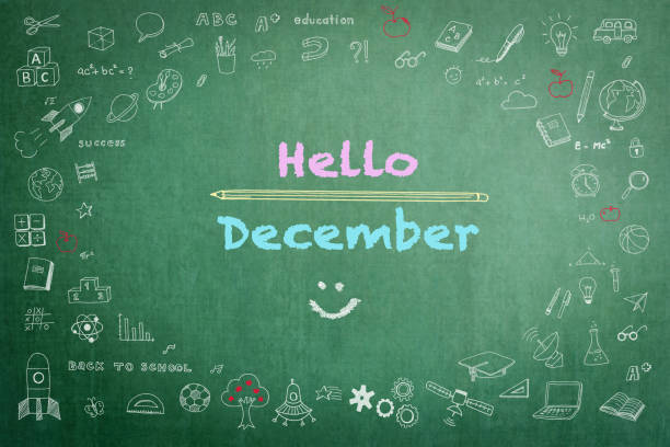 istock Hello December greeting on school black chalkboard background with doodle 1190275728