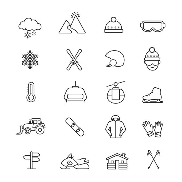 ilustraciones, imágenes clip art, dibujos animados e iconos de stock de esquí iconos de la línea de deportes de invierno - skiing activity snow alpine skiing