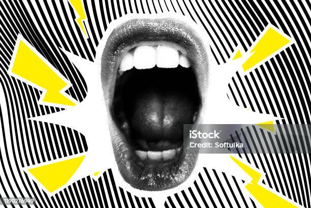 Open Screaming Mouth On A Striped Background - Arte vetorial de stock e mais imagens de Punk - Punk, Imagem Manipulada, Plano de Fundo