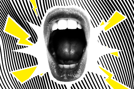Open Screaming Mouth On A Striped Background. Bright vector collage with universal graphic Elements, Geometric Shapes, Dotted Halftone Object for your design