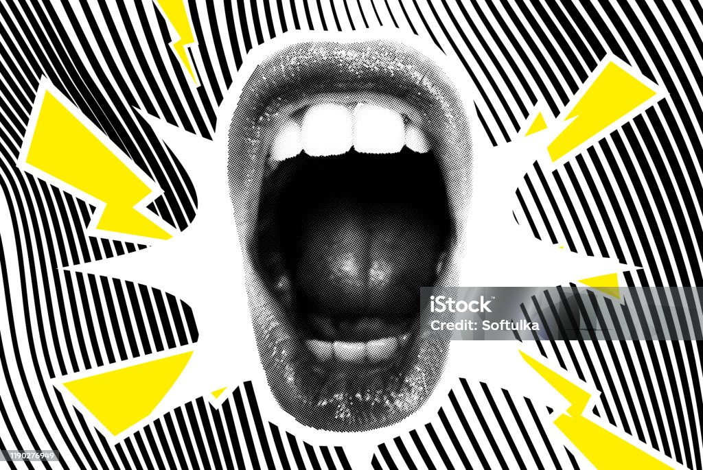 Open Screaming Mouth On A Striped Background Open Screaming Mouth On A Striped Background. Bright vector collage with universal graphic Elements, Geometric Shapes, Dotted Halftone Object for your design Punk - Person stock vector