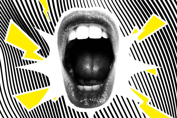 Open Screaming Mouth On A Striped Background Open Screaming Mouth On A Striped Background. Bright vector collage with universal graphic Elements, Geometric Shapes, Dotted Halftone Object for your design voice stock illustrations