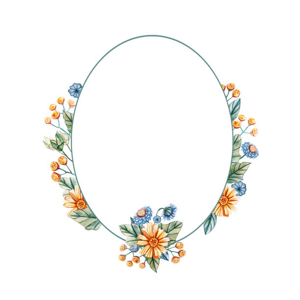 istock Floral oval frame of watercolor wildflowers. 1190283356