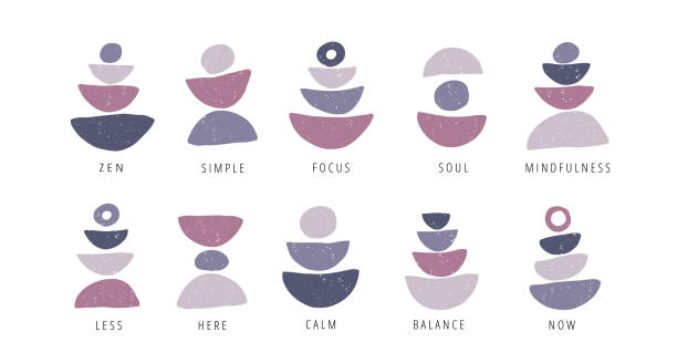 Focus, pause, moment flat vector posters set Focus, pause, moment flat vector posters set. Motivational drawings collection isolated on white background. Creative print, t shirt design element. Balance, harmony and wellbeing concept buddhism stock illustrations