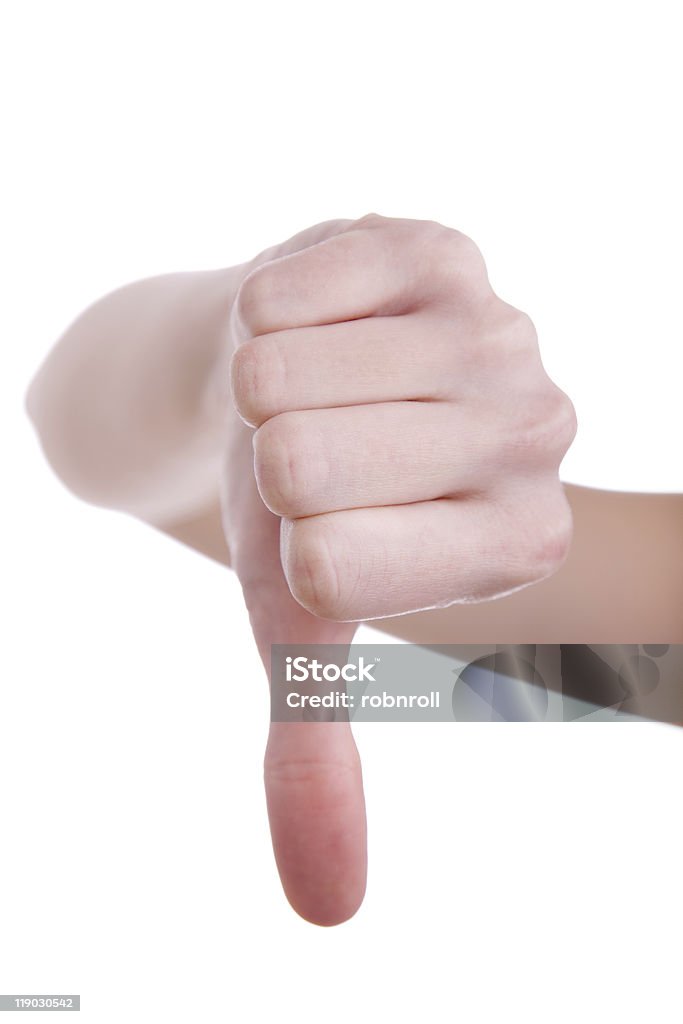 hand signaling Daumen nach unten vor einem weißen Hintergrund. - Lizenzfrei Daumen Stock-Foto