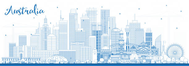 Outline Australia City Skyline with Blue Buildings. Outline Australia City Skyline with Blue Buildings. Vector Illustration. Tourism Concept with Historic Architecture. Australia Cityscape with Landmarks. Sydney. Melbourne. Canberra. opera stock illustrations