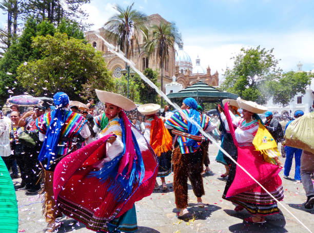 Quito, Pichincha, Ecuador - April 15, 2022: Police officers playing musical instruments during the procession of Jesus del Gran Poder in Quito, Ecuador, a traditional Holy Week celebration attracting large crowds