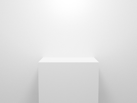 3d exhibition stand. White blank empty podium isolated on gray background for presentation and exposition. Vector illustration for mock up store. Pedestal for display product. Interior stage design.