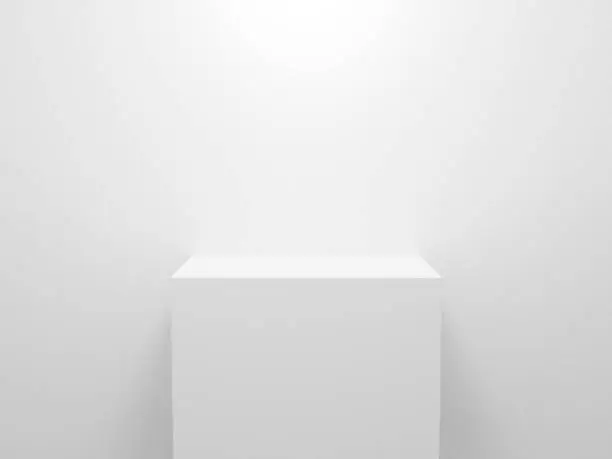 3d exhibition stand. White blank empty podium isolated on gray background for presentation and exposition. Vector illustration for mock up store. Pedestal for display product. Interior stage design.