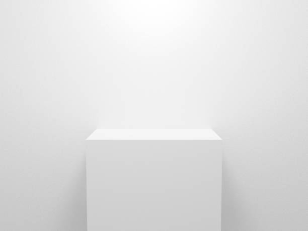 3d exhibition stand. white blank empty podium isolated on gray background for presentation and exposition. vector illustration for mock up store. pedestal for display product. interior stage design. - blank box imagens e fotografias de stock