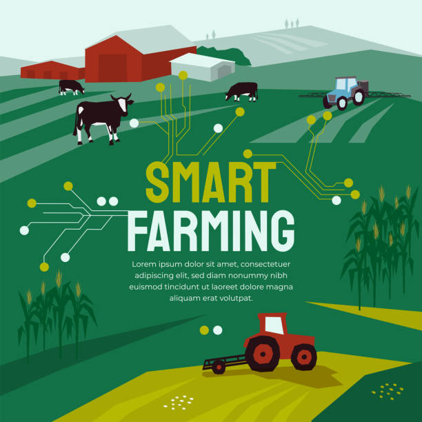 Smart Farming template with circuit board Vector illustration for smart farming with agricultural machinery, farm, cow, landscape. High tech technology and data analysis in agriculture. Template with circuit board for banner, flyer, print, ad precision agriculture stock illustrations