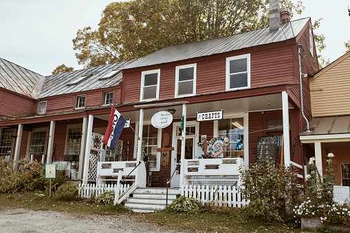 Peacham, Vermont - September 29th, 2019: Exterior of Peacham Corner Guild on a cool Fall day in the New England town of Peacham, Vermont