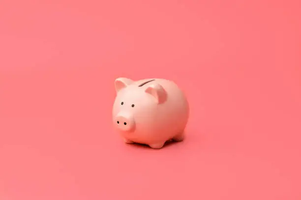 Photo of Pink piggy Bank stands in the center on a pink background. Horizontal photography