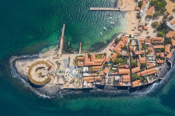 Aerial view of Goree Island. GorÃ©e. Dakar, Senegal. Africa. Photo made by drone from above. UNESCO World Heritage Site.