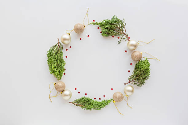 istock Christmas composition with baubles, fir branches on white. new year concept. Greeting card, winter holidays, xmas celebration 2020. Flat lay, top view, copy space, mockup, template 1190326896