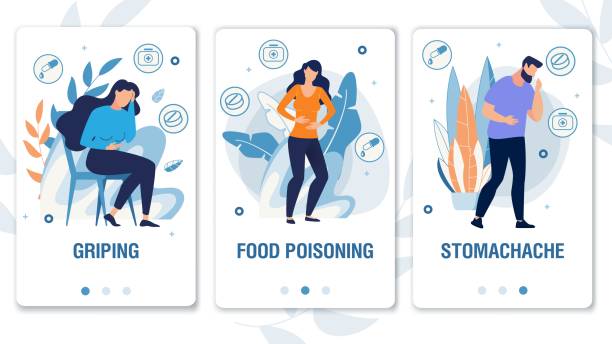 Landing Page Set and People Have Weakness Symptoms Cartoon People Characters with Weakness Symptoms, Suffering from Pain. Griping, Food Poisoning, Stomachache. Mobile Social Media Landing Page Set. Telemedicine. Foliage Design. Vector Illustration weak cartoon stock illustrations