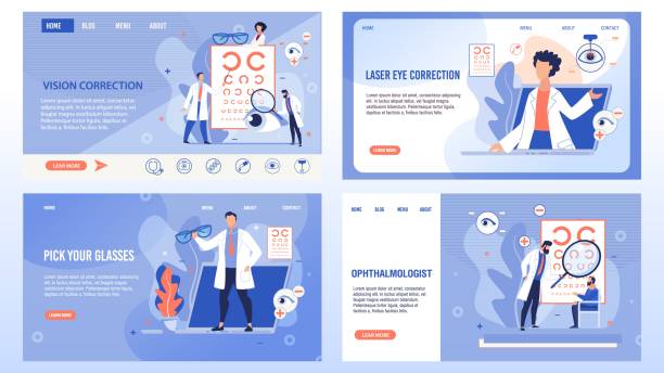 Ophthalmology Medicine Service Landing Page Set Vision Correction, Laser Operation Surgery Technology, Spectacles Selection and Optical Eyes Test Procedure. Ophthalmologist and Patients. Trendy Flat Landing Page Set. Vector Illustration optometrist stock illustrations