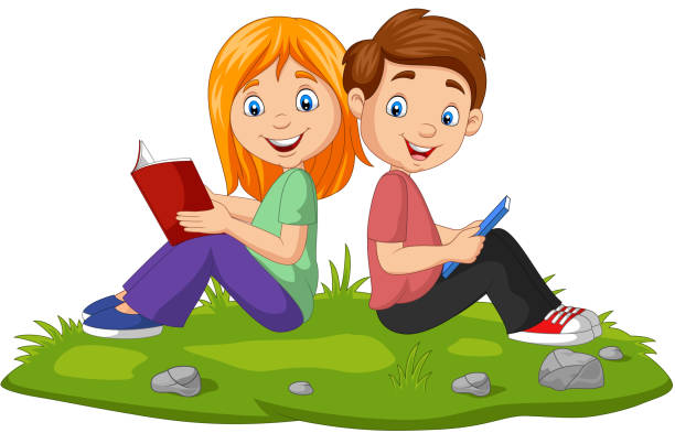 ilustrações de stock, clip art, desenhos animados e ícones de cartoon boy and girl reading books on the grass - preschooler plant preschool classroom