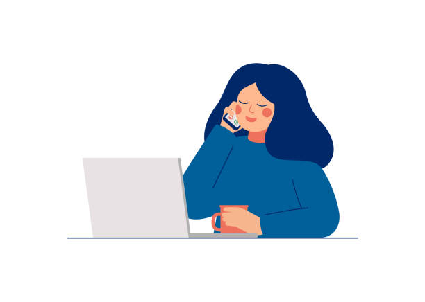 молодая женщина работает на ноутбуке и разговаривает по мобильному телефону. - call us stock illustrations