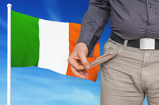 Financial crisis in Ireland - recession. Man with empty pockets. 3D rendered illustration.