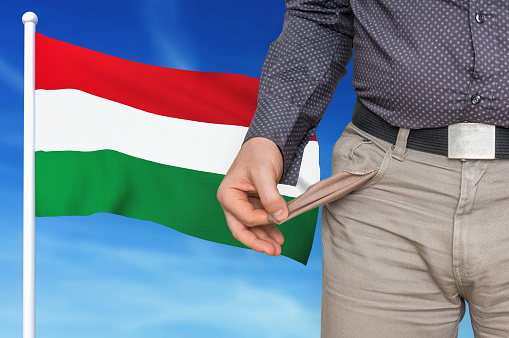 Financial crisis in Hungary - recession. Man with empty pockets. 3D rendered illustration.