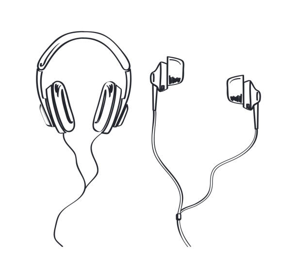 Headphones Types, Earphones Monochrome Sketches Headphones types, earphones kinds monochrome sketches outline vector line art. Headset with cable and adjustable headband. Listening music device, accessory black and white headphones stock illustrations
