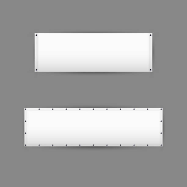 Empty white vinyl banners with grommets. Vector illustration Empty white vinyl banners with grommets. Horizontal blank advertising banners isolated on grey background. eyelet stock illustrations