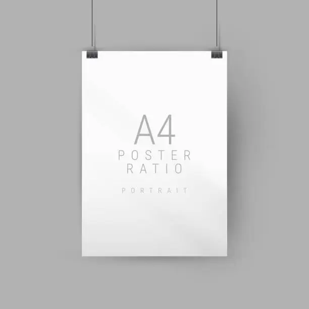 Vector illustration of Vertical poster mockup. Empty A4 sized paper frame hanging with paper clips. Vector illustration