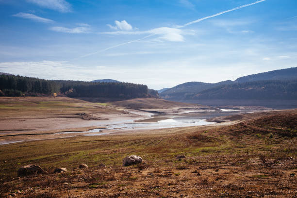 The bottom of the empty Studena dam near Pernik, Bulgaria. Hot weather and climate changes makes the dam almost empty.