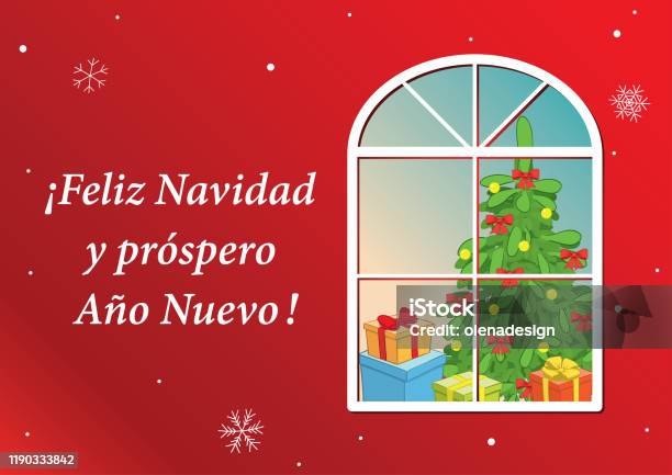 Vetores de Feliz Natal E Feliz Ano Novo Em Espanhol Cartão Postal Vetor  Vermelho Com Árvore De Ano Novo Na Janela e mais imagens de Aconchegante -  iStock