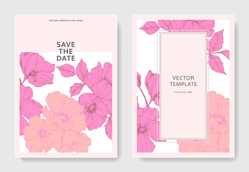 Vector Pink rosa canina. Floral botanical flower. Engraved ink art. Wedding background card floral decorative border. Thank you, rsvp, invitation elegant card illustration graphic set banner.