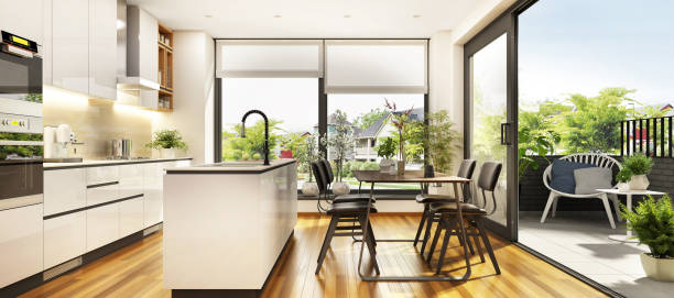istock Beautiful white kitchen and terrace 1190335817