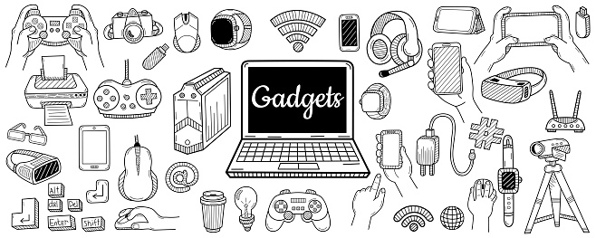 Big collection of gadgets elements. Technology concept. Hand drawn sketch. Vintage vector engraving illustration for poster, web.