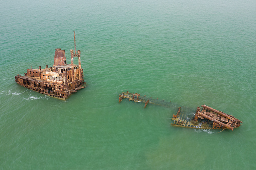 Aerial view of ship wreck near palmarin, Senegal.