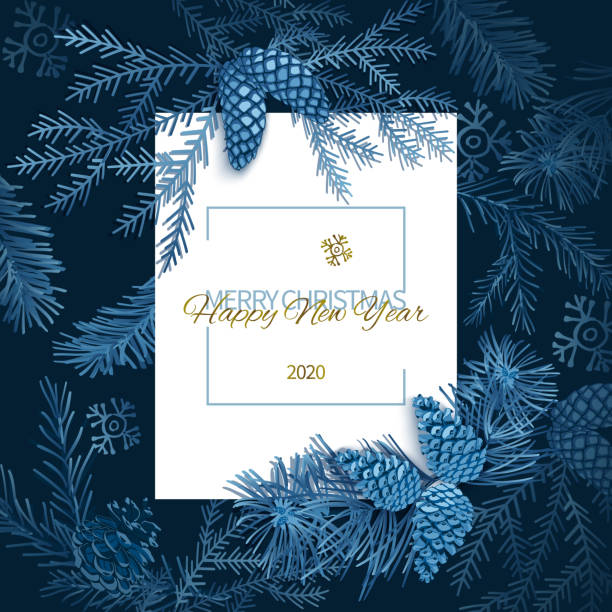 Blue Christmas tree branches and pine cones on a dark blue background. Vector Christmas Party Invitation design template, typography. Blue Christmas tree branches and pine cones on a dark blue background. christmas menu template clip art stock illustrations