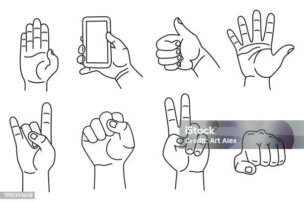 Hand Pict Collection Of Hands And Gestures Hand Drawn Sketch Isolated On A White ...