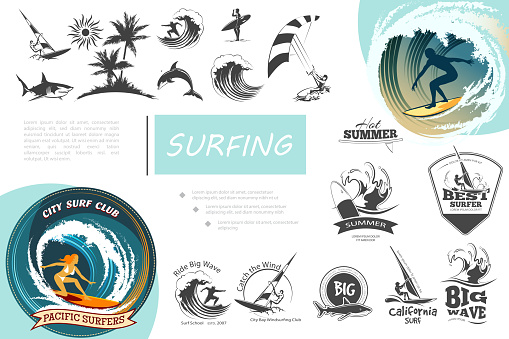 Vintage surfing elements set with windsurfing surf van sea waves kitesurfing palm trees shark dolphin and monochrome surfing emblems vector illustration