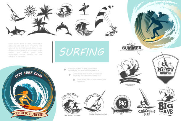 Vintage Surfing Elements Set Vintage surfing elements set with windsurfing surf van sea waves kitesurfing palm trees shark dolphin and monochrome surfing emblems vector illustration surfing stock illustrations