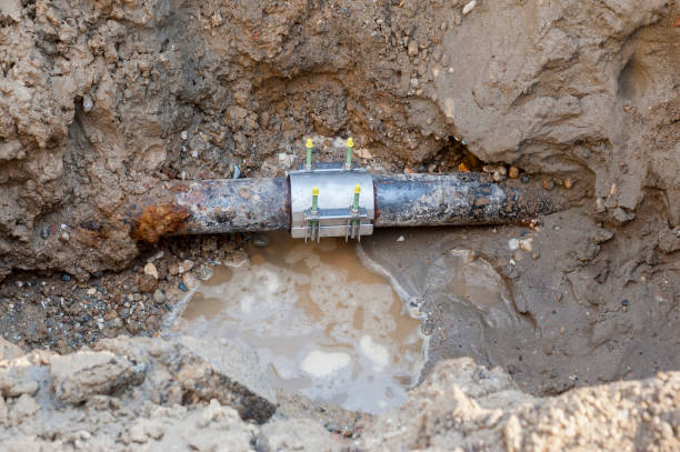 istock Repair the plumbing broken pipe and water flow in hole 1190342341