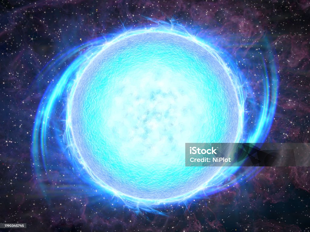 Close-up on a supernova concept with emitting rays, nebula and stars background 3d rendered image Neutron Stock Photo
