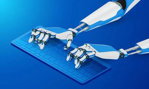 Vector illustration of Mechanical robot hands typing on the keyboard.