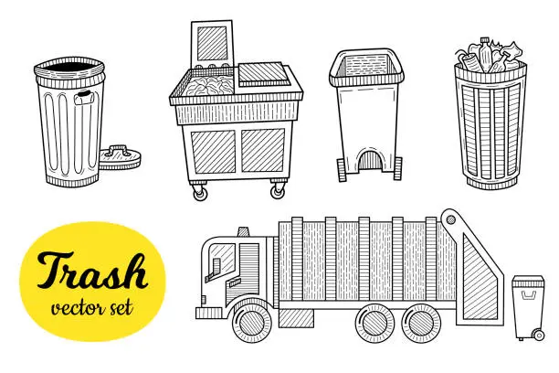 Vector illustration of Collection of trash elements. World ecology problem concept. Hand drawn sketch isolated on a white. Vintage vector engraving illustration for poster, web.