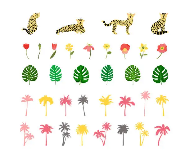Vector illustration of Set of leopards,flowers,plants, palms in flat style, vector.