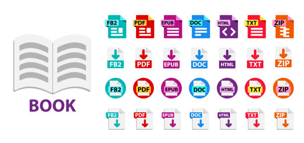 symbolsymbole für dateiformaterweiterungen. sammlung von vektorsymbolen. - button sewing item purple isolated stock-grafiken, -clipart, -cartoons und -symbole