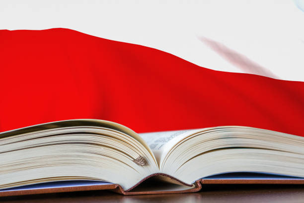 Education in Poland. Opened book and national flag on background.