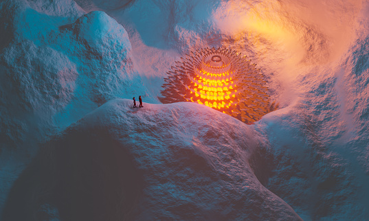 Man and woman walk in sci-fi mountain landscape with light glass ball. Futuristic 3D illustration