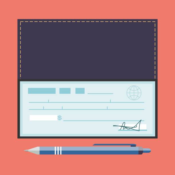 Cheque vector illustration. Cheque icon in flat style. Cheque book on colored background. Bank check with pen Cheque vector illustration. Cheque icon in flat style. Cheque book on colored background. Bank check with pen. Concept illustration pay, payment, buy. check financial item stock illustrations