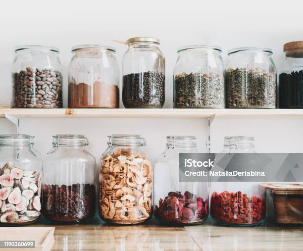 Organic Bulk Products In Zero Waste Shop Foods Storage In Kitchen At Low Waste Lifestyle Stock Photo - Download Image Now