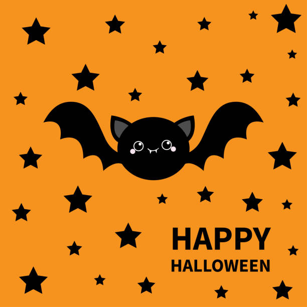 ilustraciones, imágenes clip art, dibujos animados e iconos de stock de feliz halloween. icono de silueta de estrellas voladoras de murciélago negro. lindo personaje de dibujos animados redondo bebé con gran ala abierta, ojos, oídos. animal del bosque. diseño plano. fondo naranja. aislado. tarjeta de felicitación. - bat halloween silhouette wing